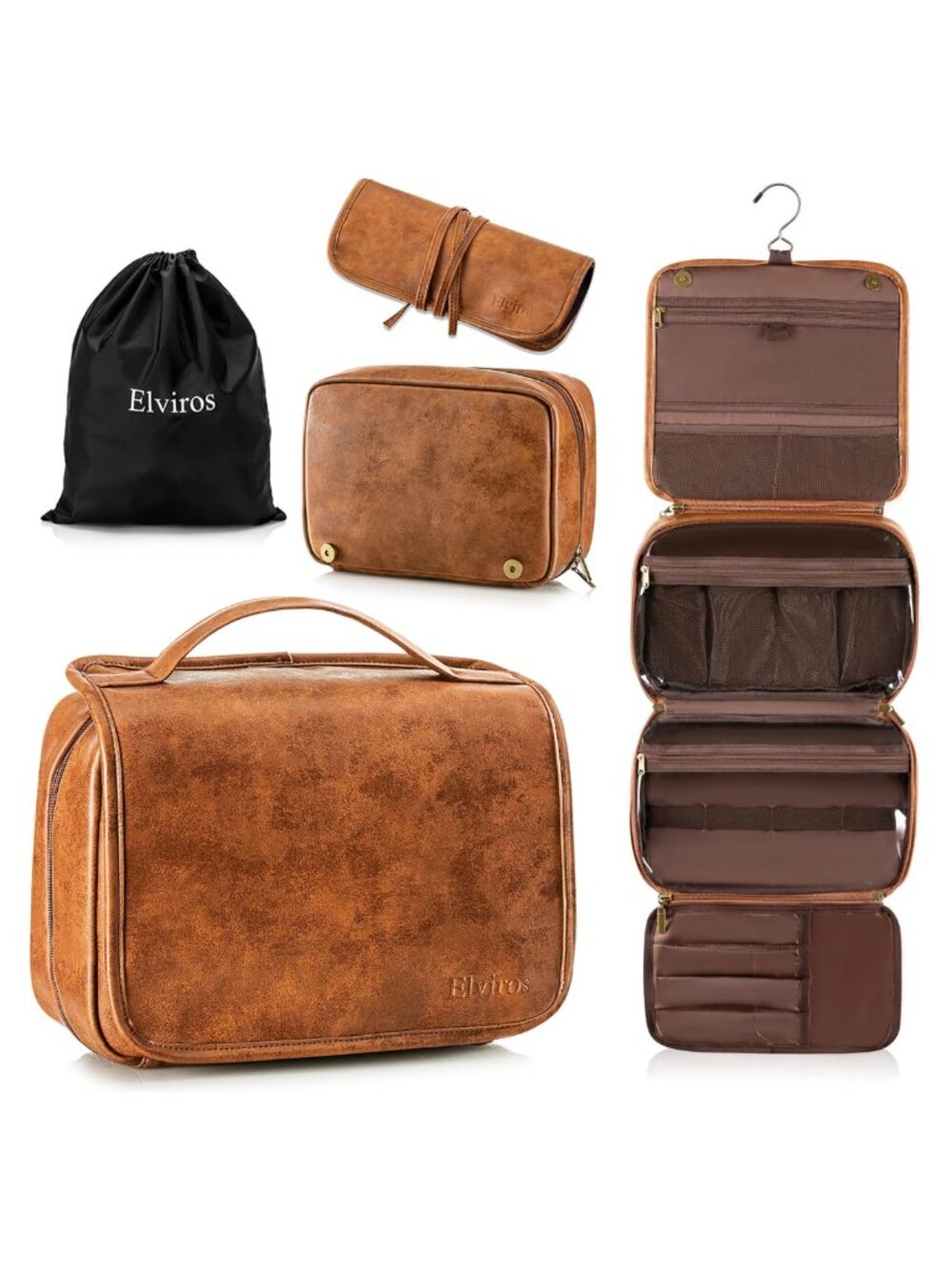 Men's PU Leather Hanging Toiletry Bag 3 in 1 Travel Dopp Kit
